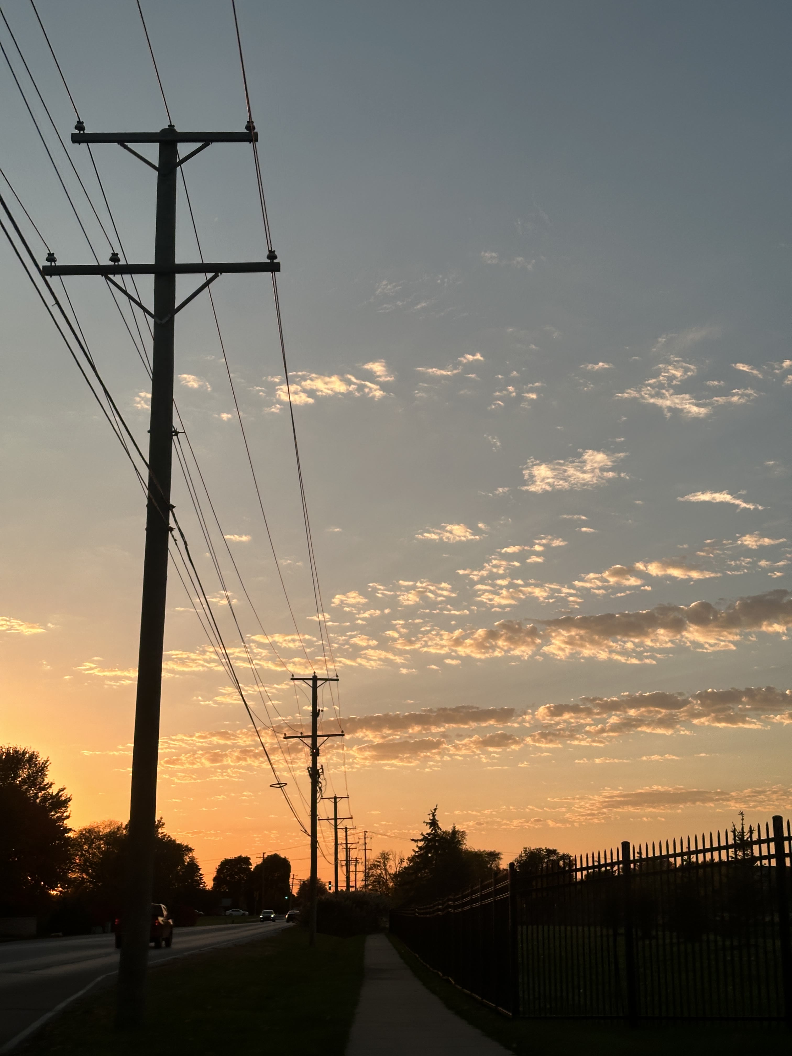 Sunset light along a street with utility poles