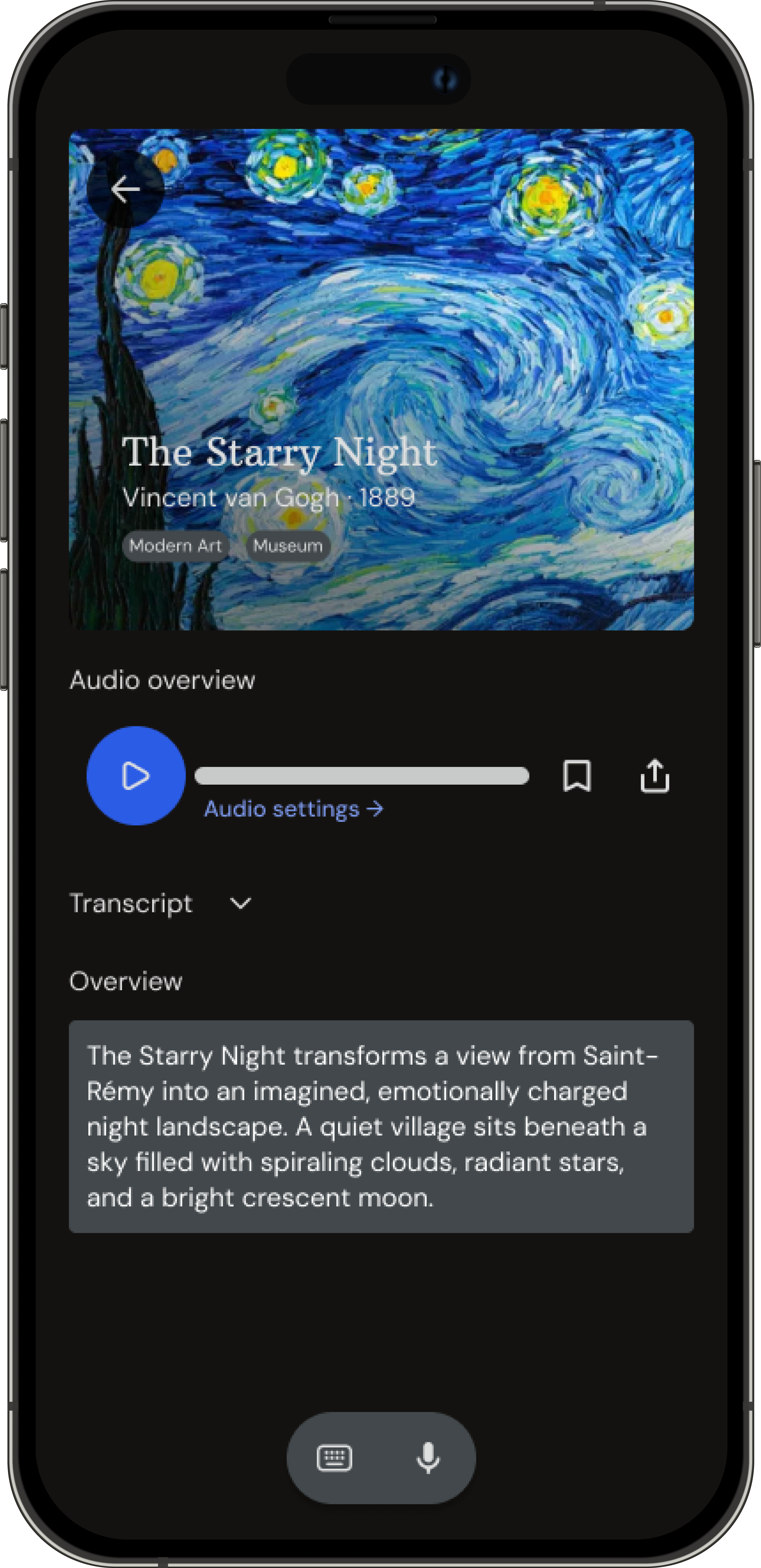 The Starry Night artwork detail with audio, transcript, and a written overview