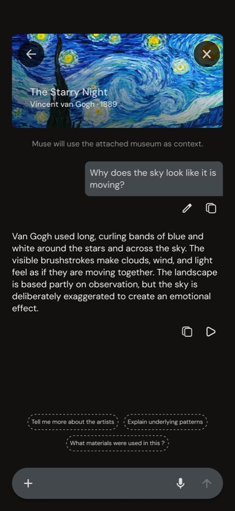 MUSE contextual artwork chat showing an answer with follow-up prompts