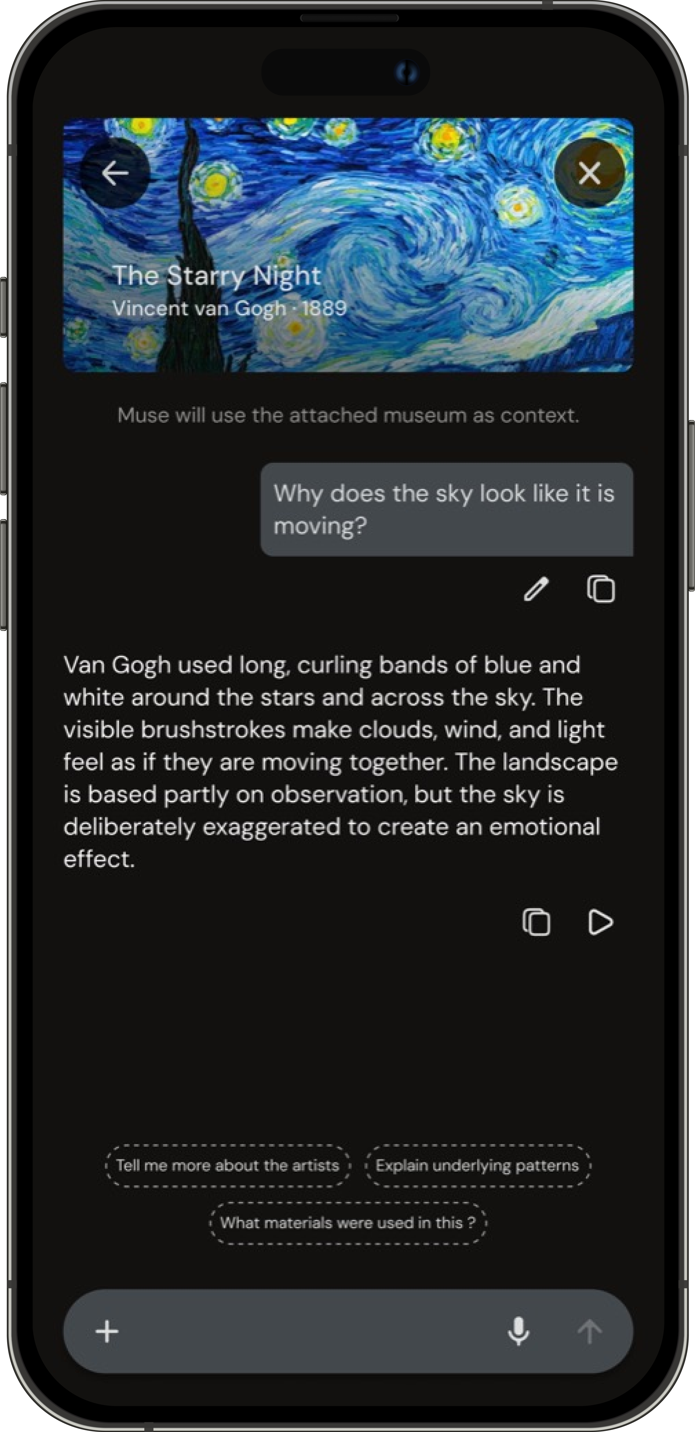 Muse contextual artwork chat showing an answer with follow-up prompts