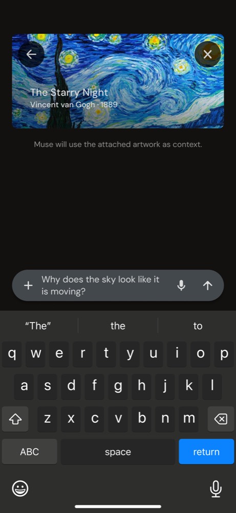 MUSE contextual artwork chat with a visitor composing a question