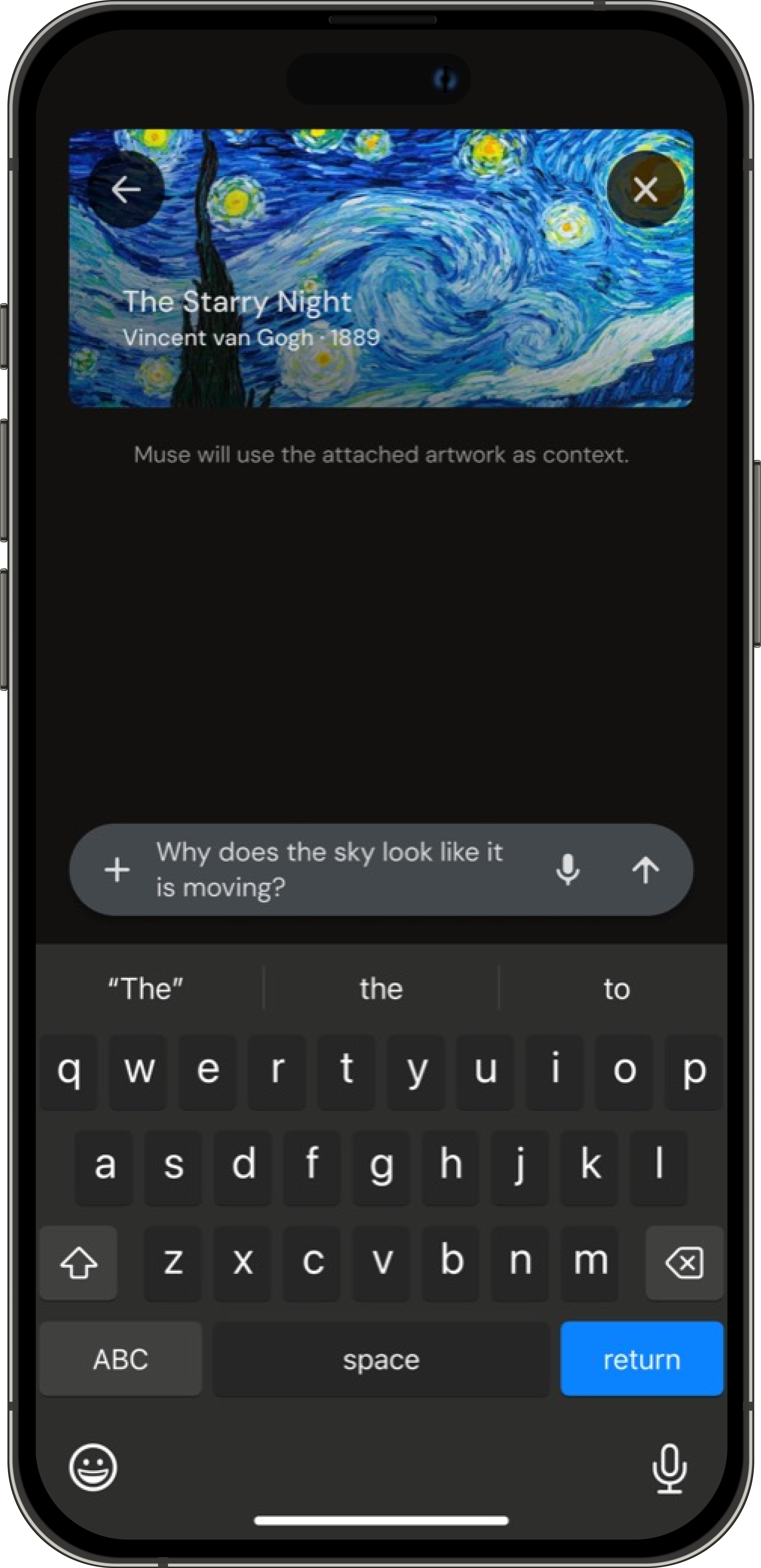 Muse contextual artwork chat with a visitor composing a question
