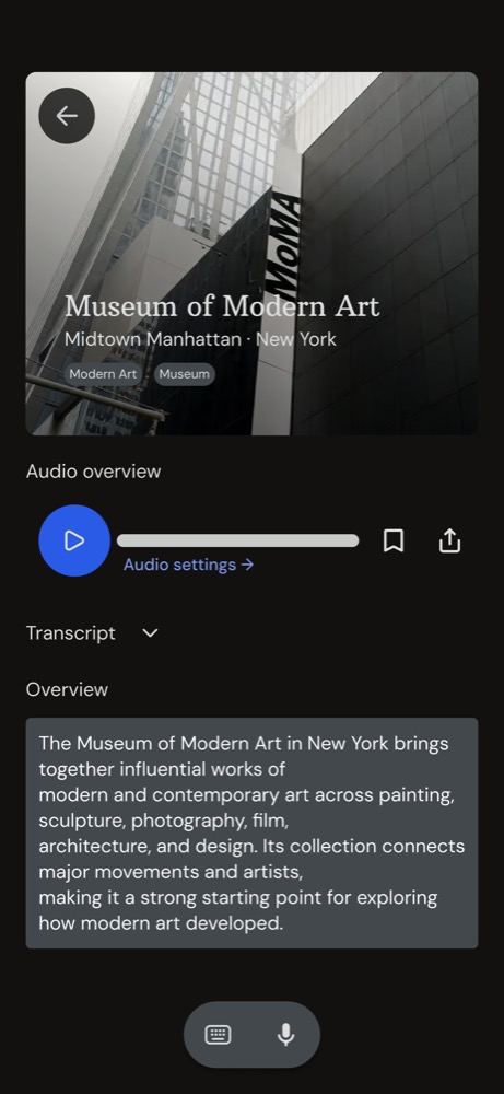 MUSE museum detail screen with an audio overview and concise written summary