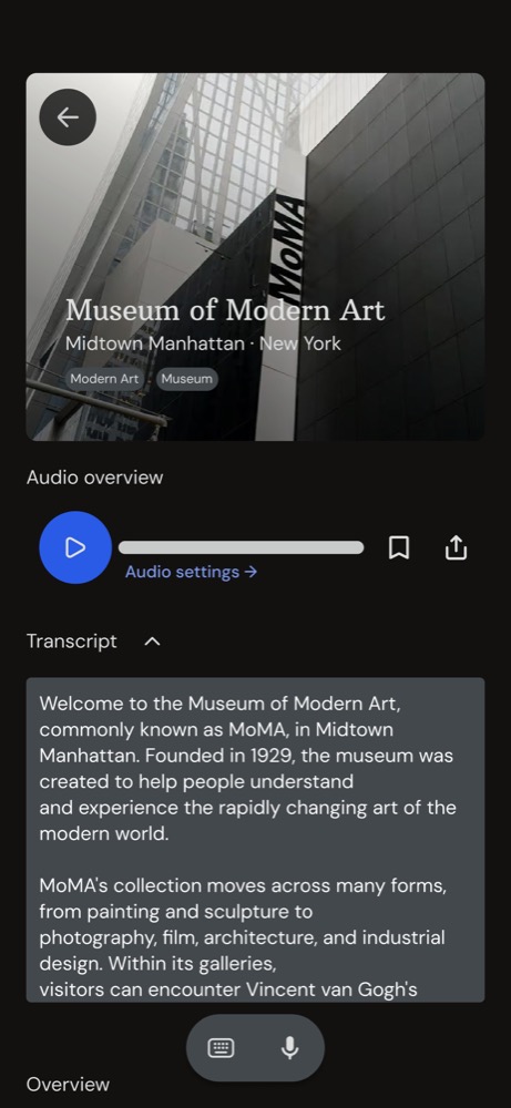 MUSE museum detail screen with the audio transcript expanded