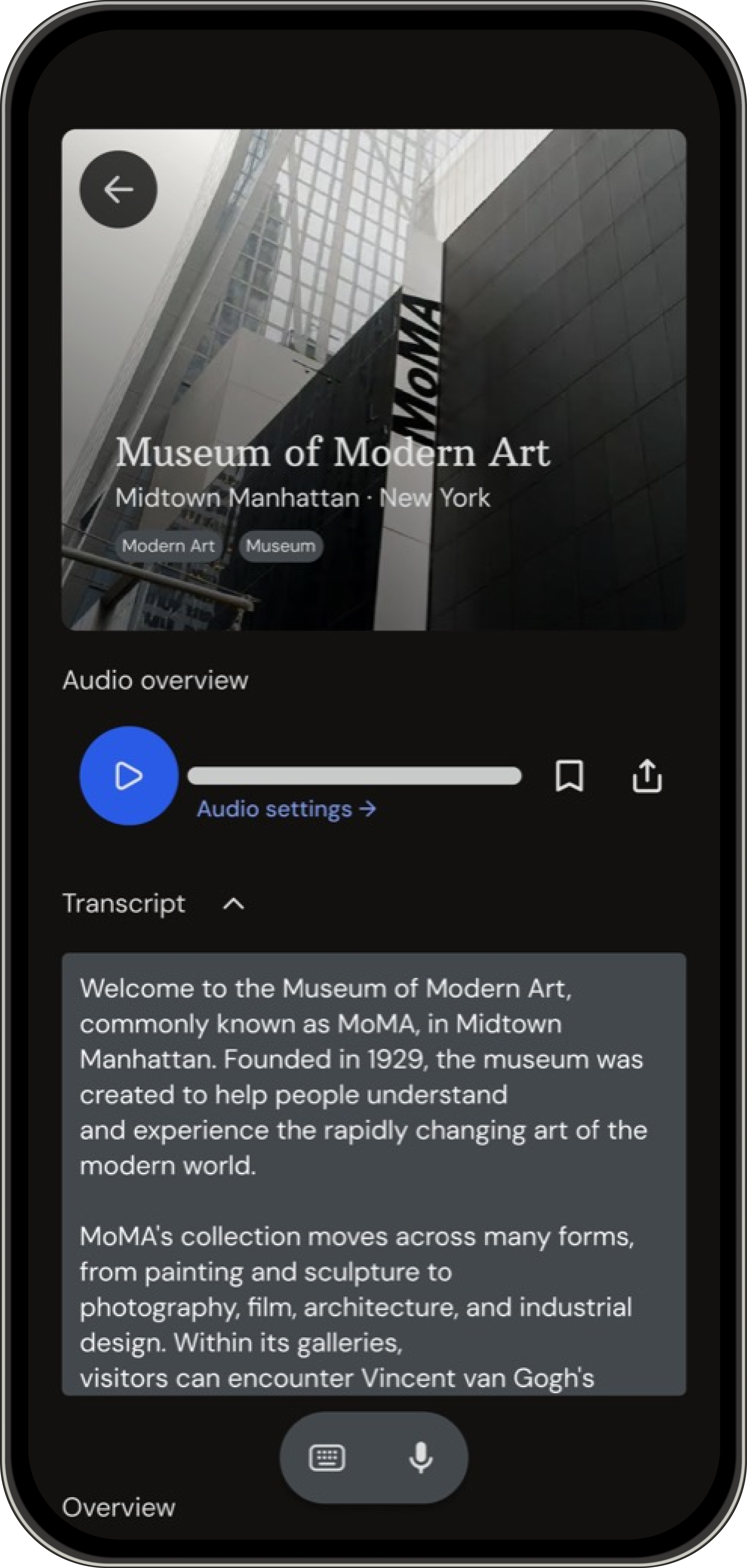 Muse museum detail screen with the audio transcript expanded