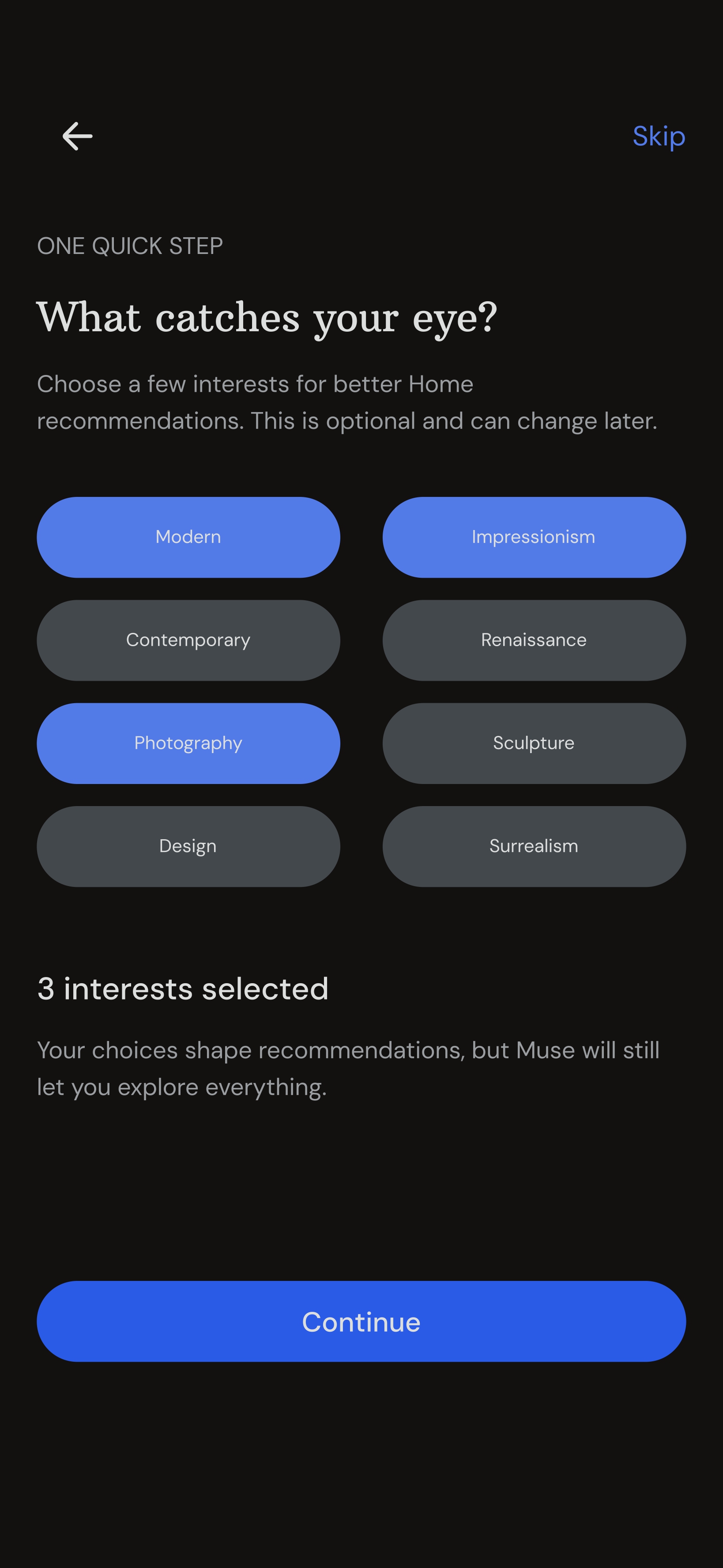 MUSE onboarding screen with selected interests
