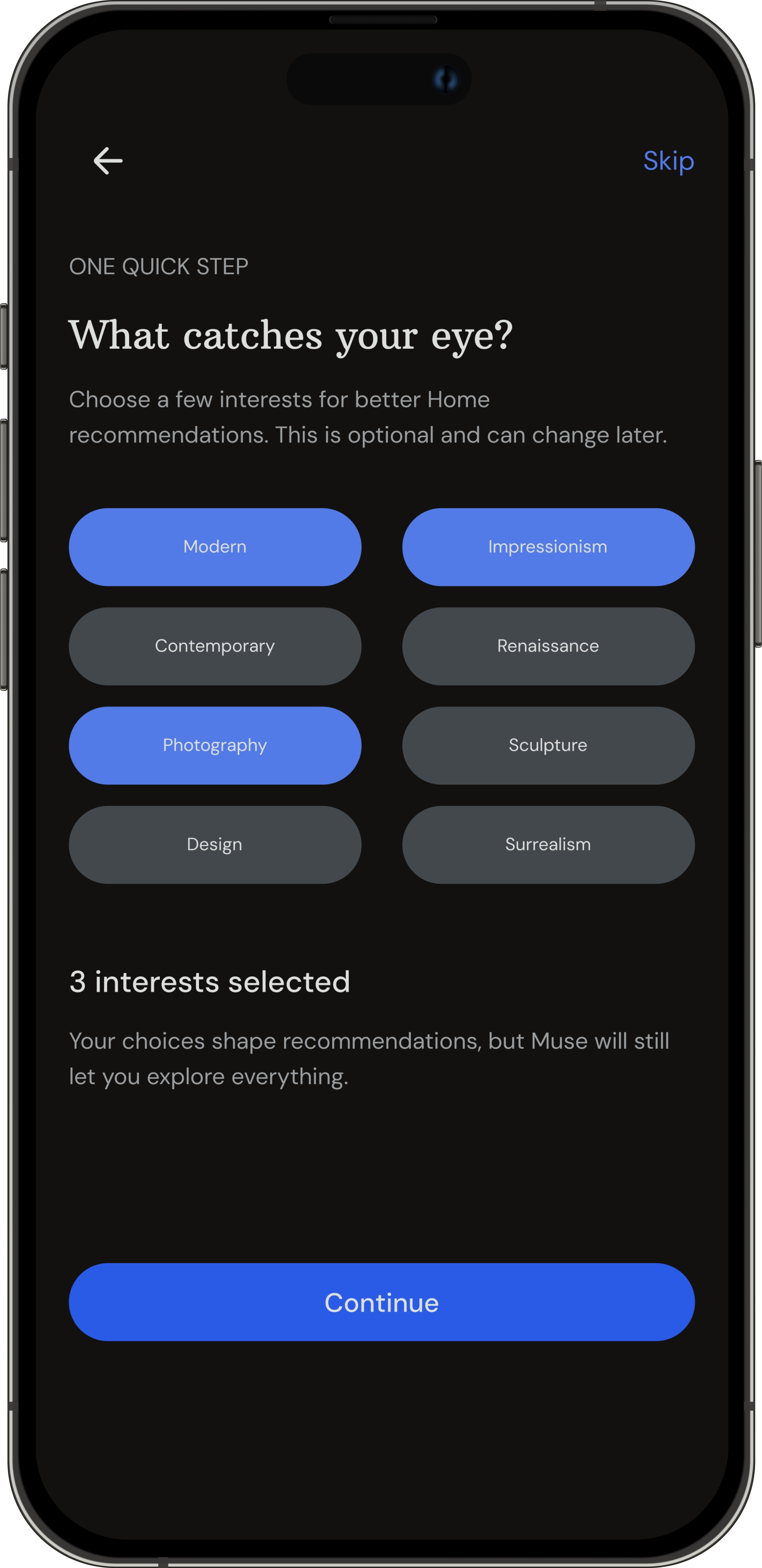 Muse onboarding screen with selected interests