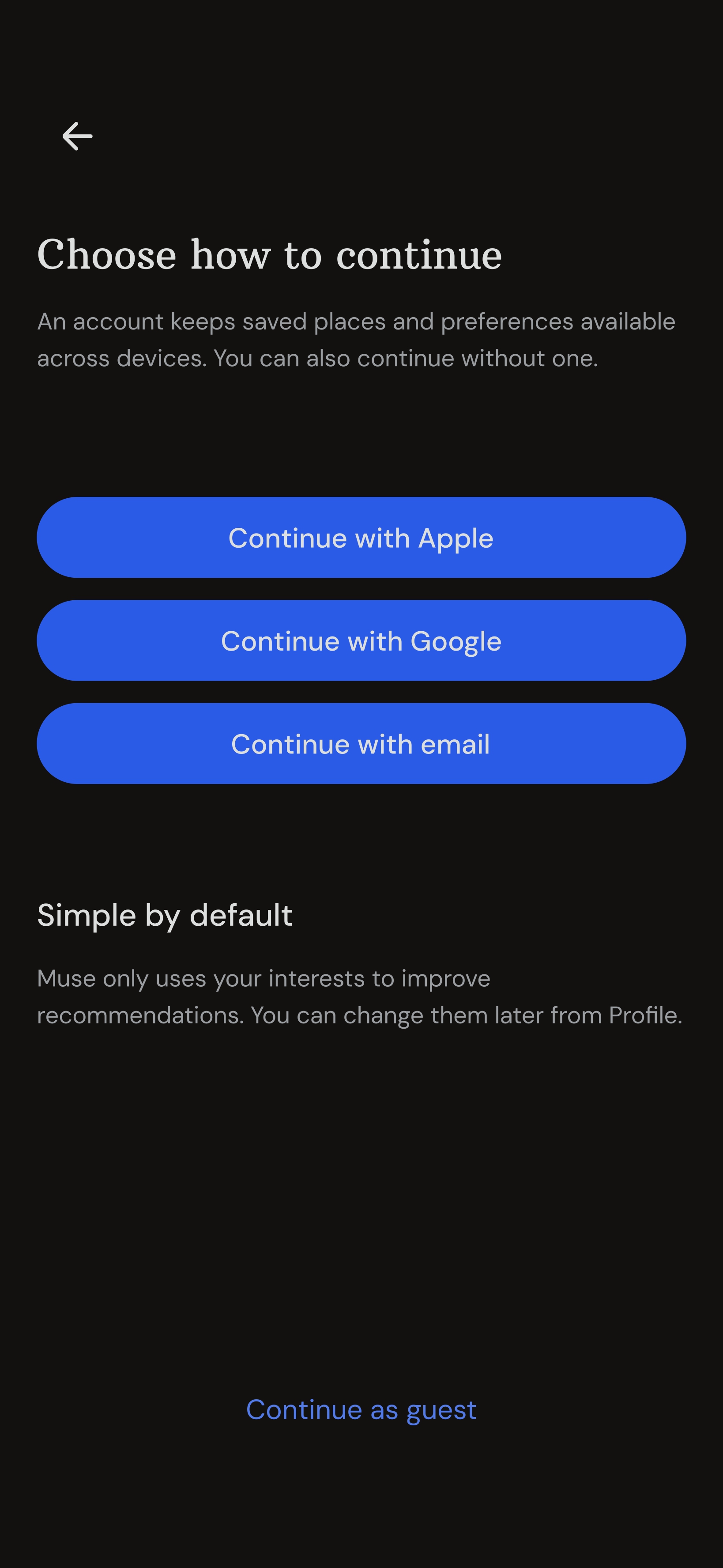 MUSE sign-in screen with an option to continue as a guest