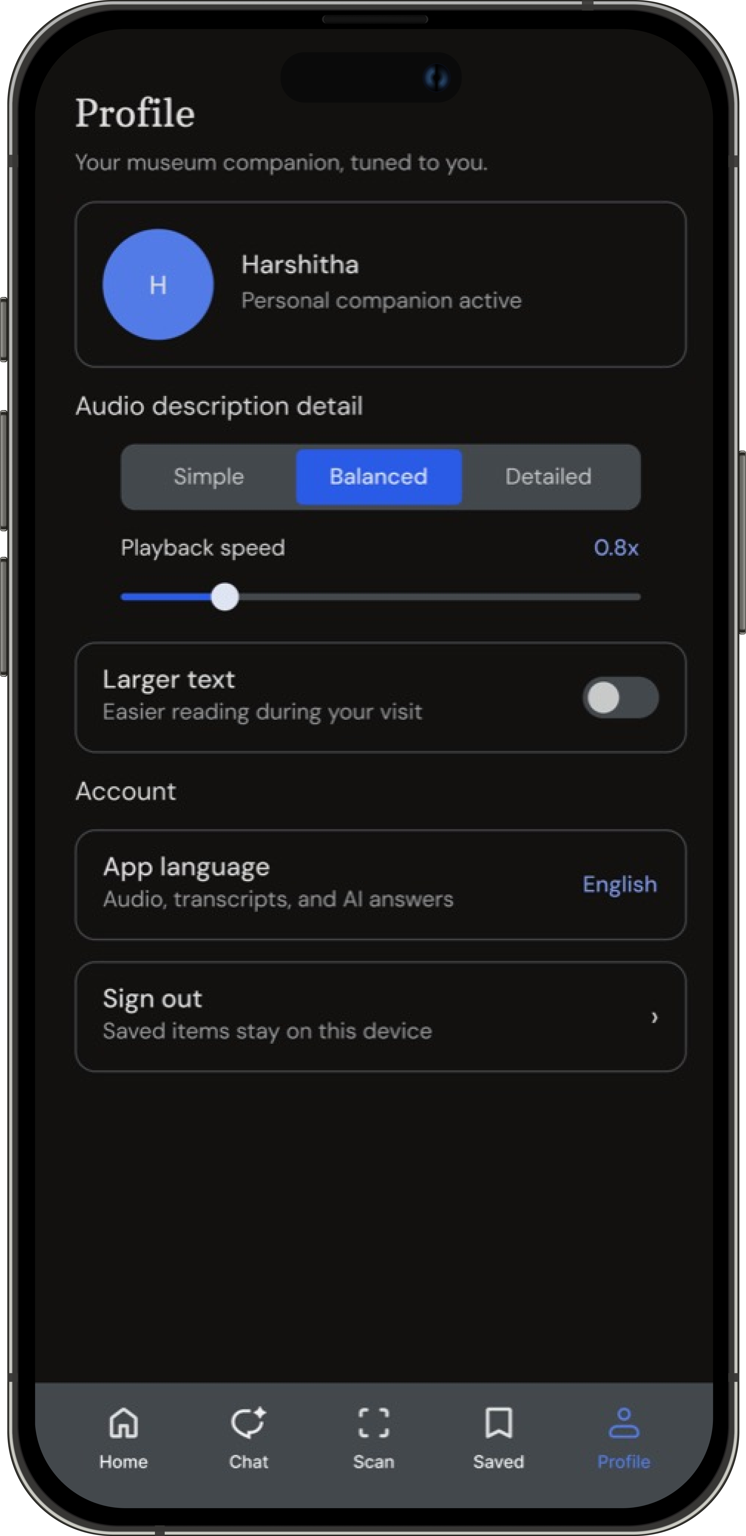 Muse profile preferences for explanation detail, playback speed, text size, and language