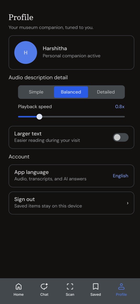 MUSE profile preferences for explanation detail, playback speed, text size, and language