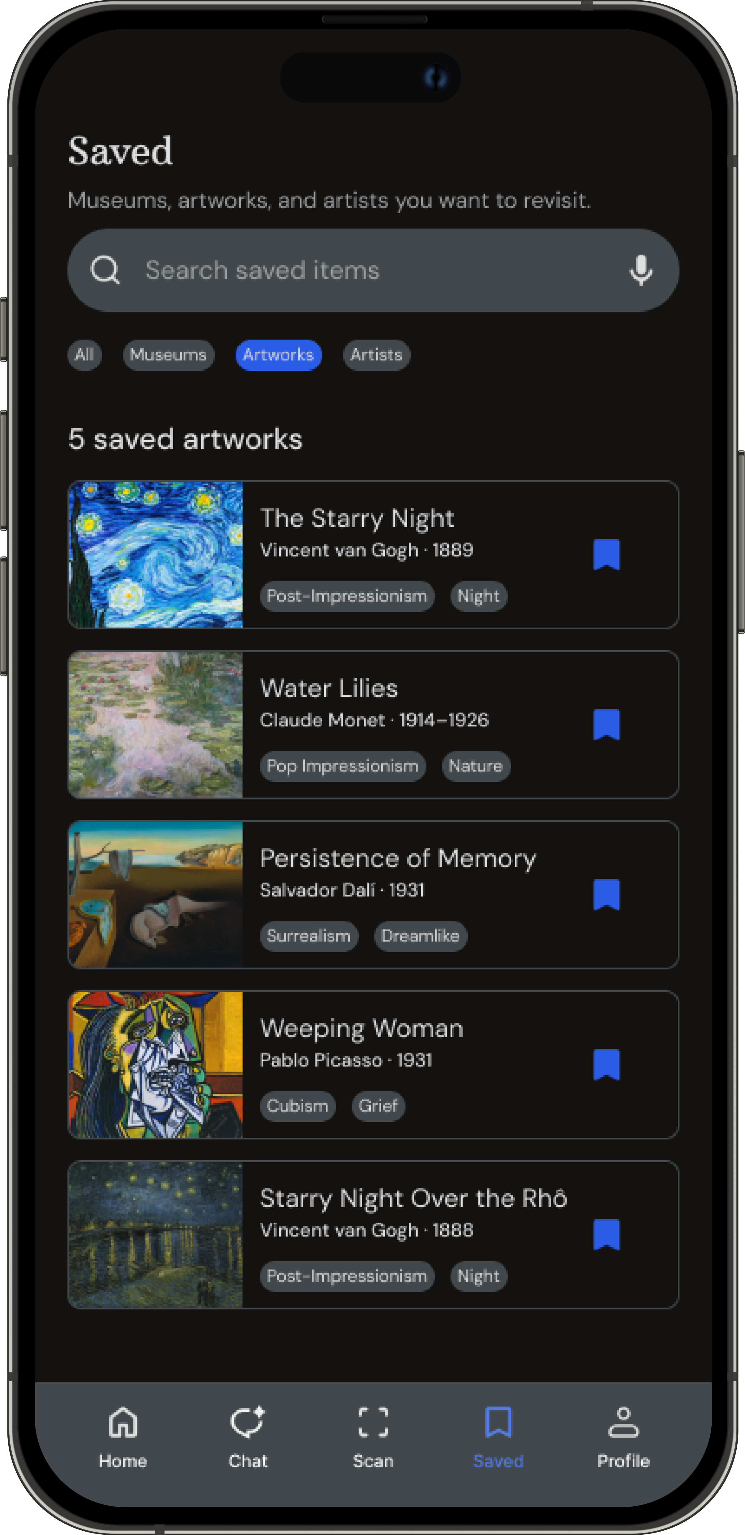 Muse Saved artworks collection with The Starry Night available to revisit