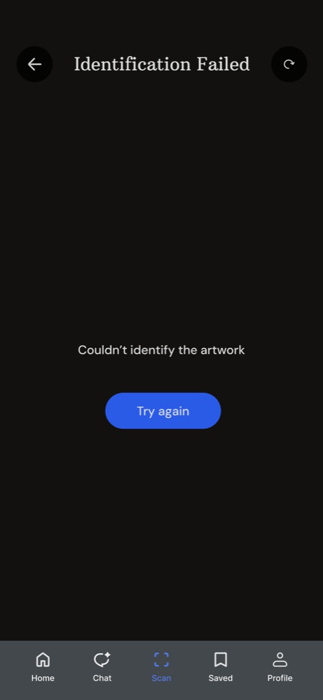 MUSE artwork identification failure screen with a clear retry action