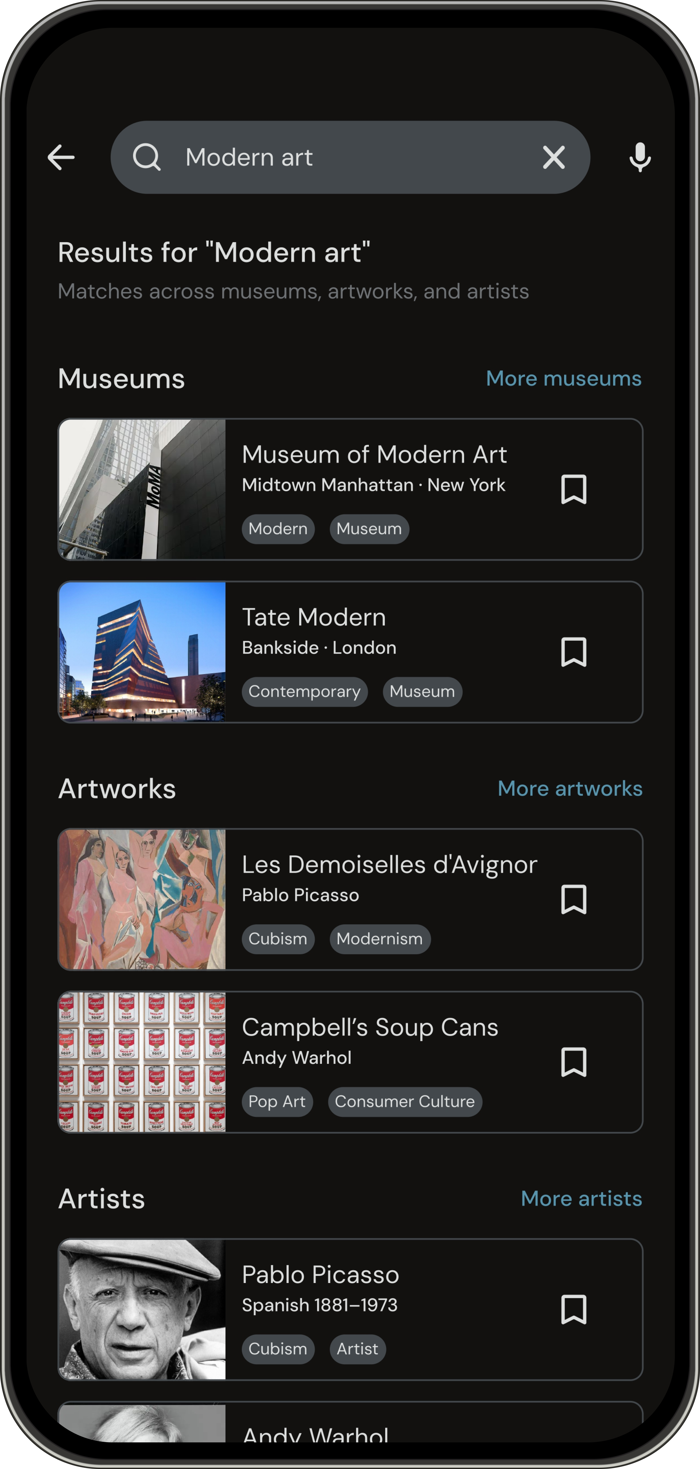 Muse search results for museum and artwork discovery