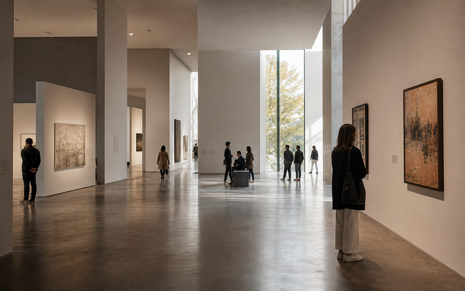 Visitors walking through a spacious, high-ceilinged modern museum gallery