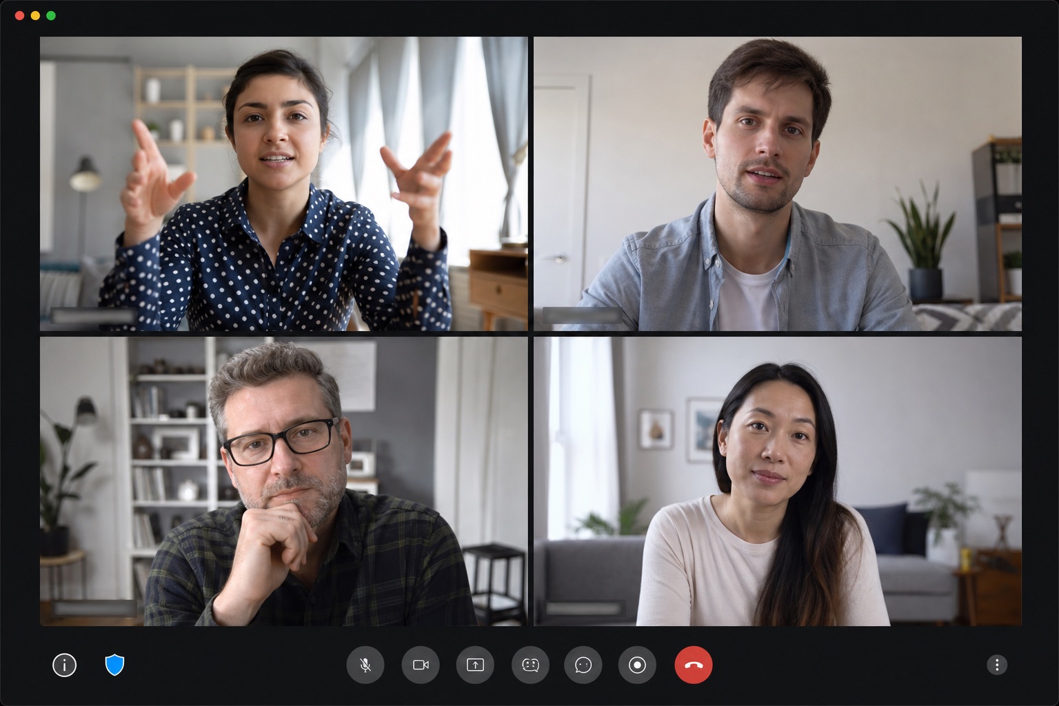 Anonymized four-person remote user interview in a video-call grid