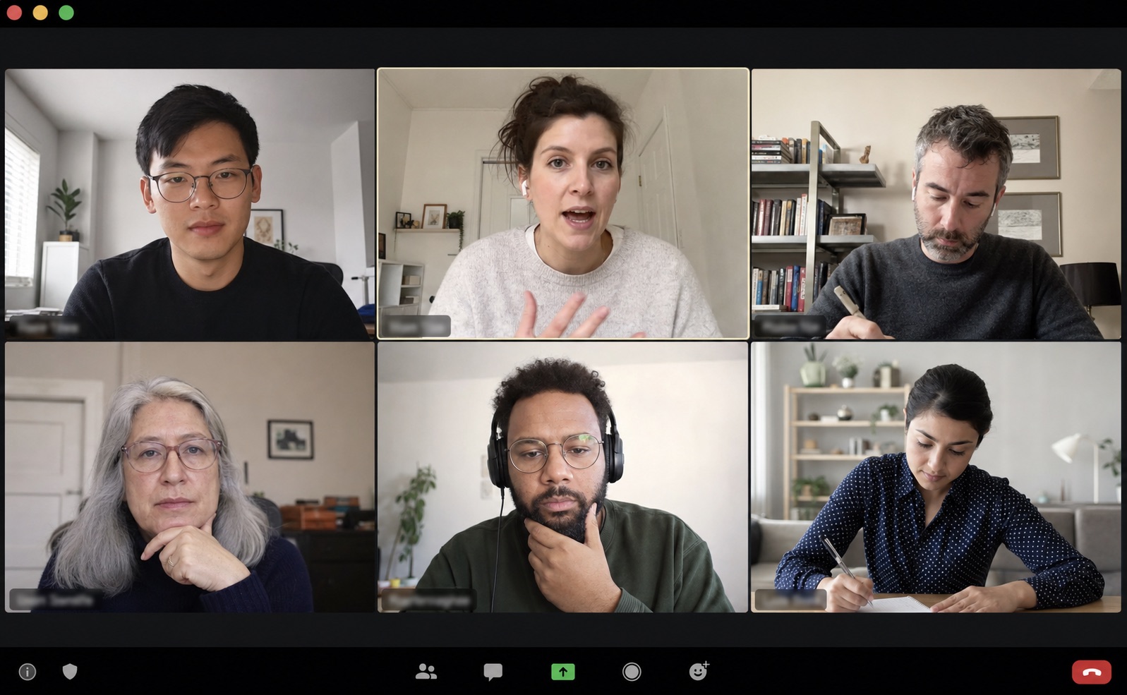Anonymized six-person remote user interview in a video-call grid